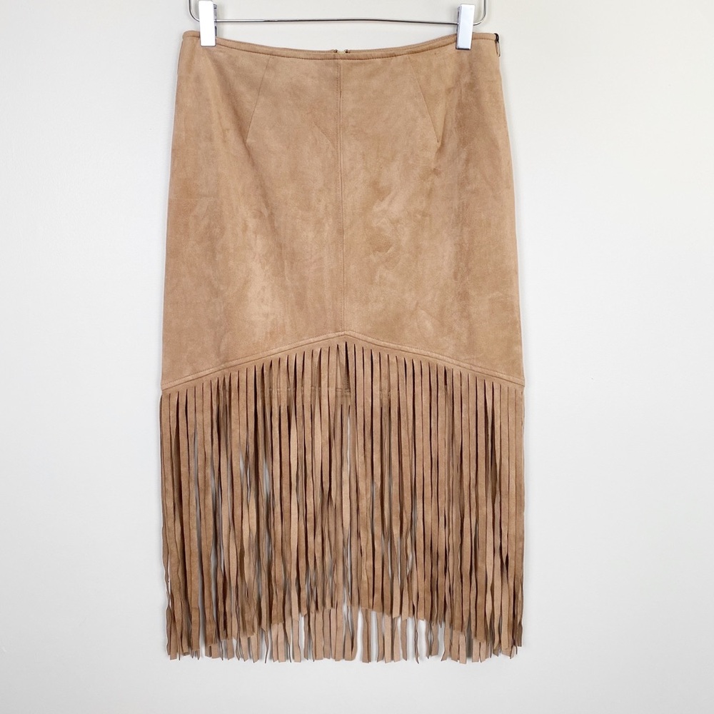 HAUTE MONDE Faux Suede Fringe Skirt L Boho Western